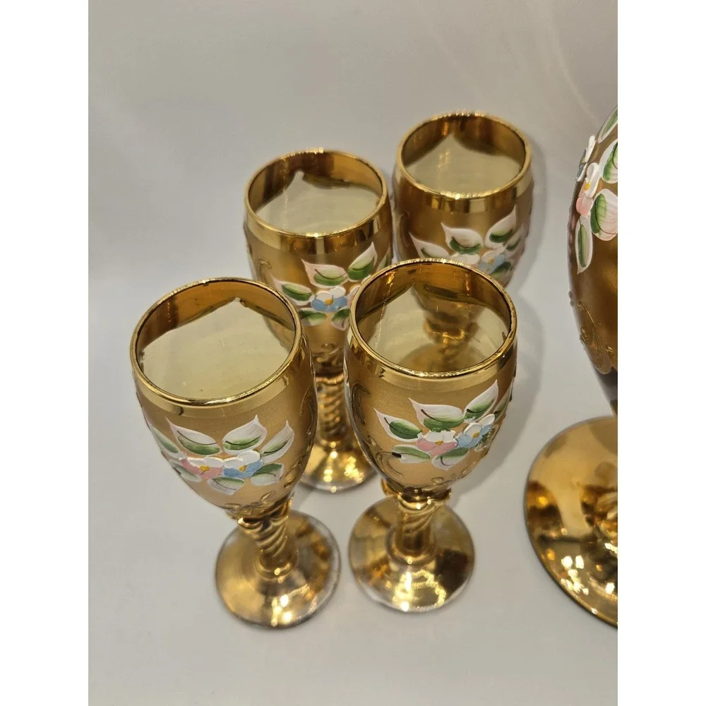 Vintage‎ Italian Venetian Gilt Glass Liquor Decanter Set Enamel Cordial Glasses